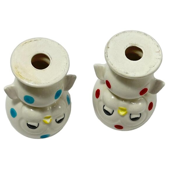 Chick Anthropomorphic Bird Egg Cup Polka Dot Lot 2 White Blue Red Vintage 60s - Picture 9 of 10